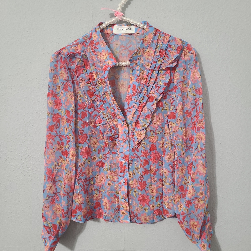 PINKYOTTO Flowered Ruffle Button Down Blouse Size Med - Picture 1 of 10